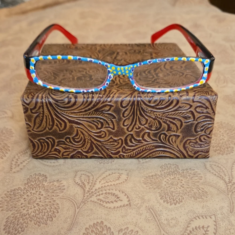 Hand Painted +1.25 Reading Glasses, rectangular shape with soft sleeve Case